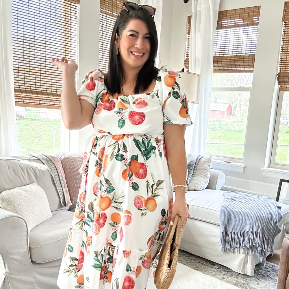 Citrus Orange Print Belted Frill Trim Gathered Dress